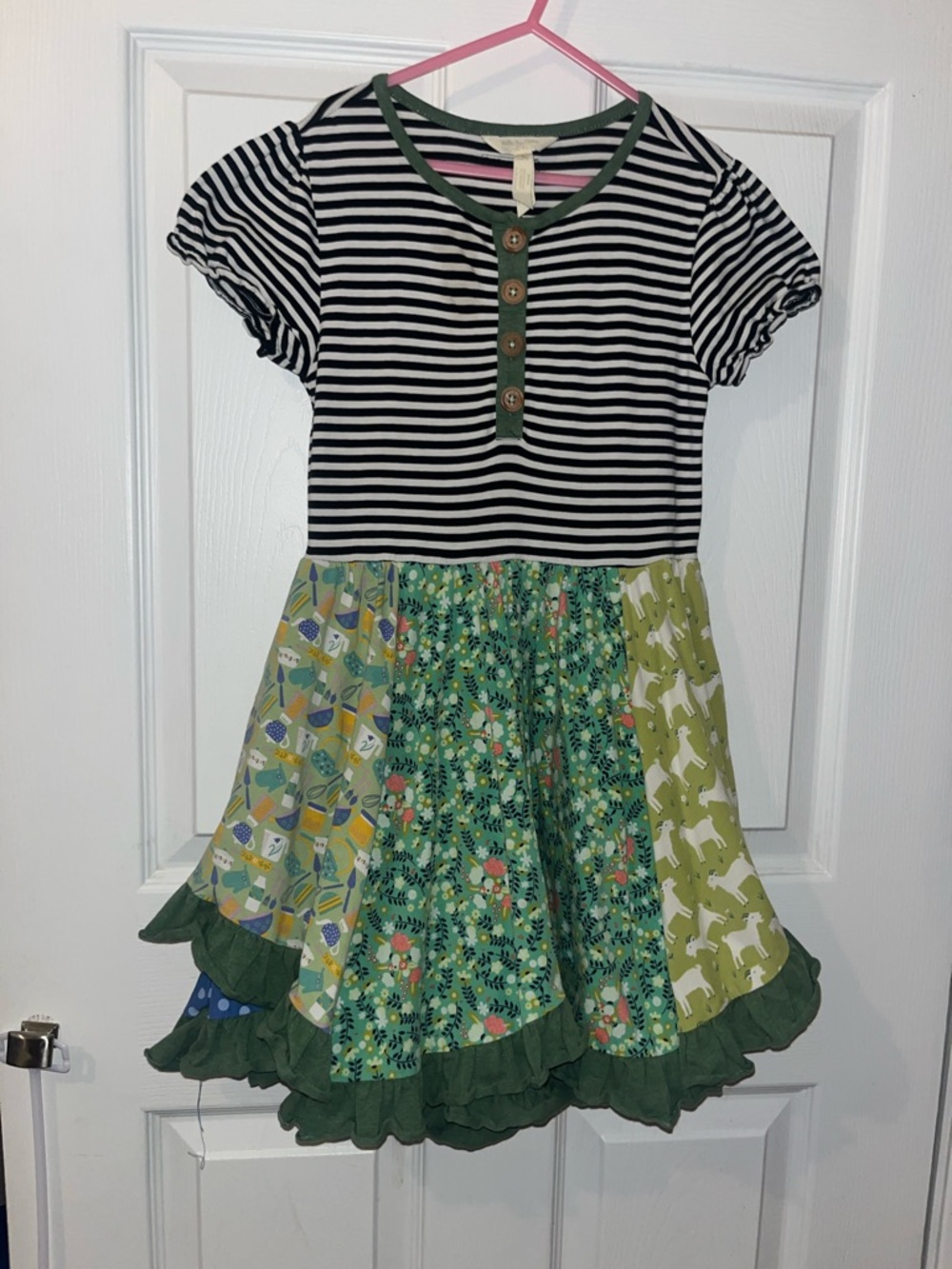 Matilda Jane Black & White Stripe Top with Green Mixed-Print Skirt Dress